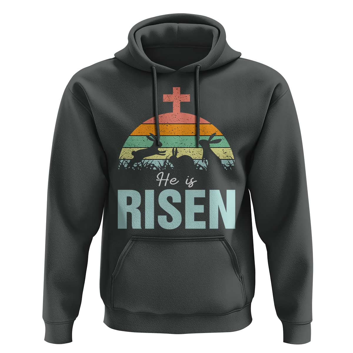 Retro He is Risen Hoodie Bunny Easter Cross Christian Religious Jesus Has Risen - Wonder Print Shop