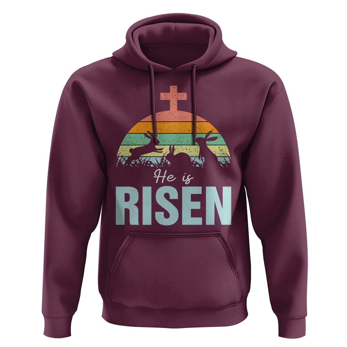 Retro He is Risen Hoodie Bunny Easter Cross Christian Religious Jesus Has Risen - Wonder Print Shop