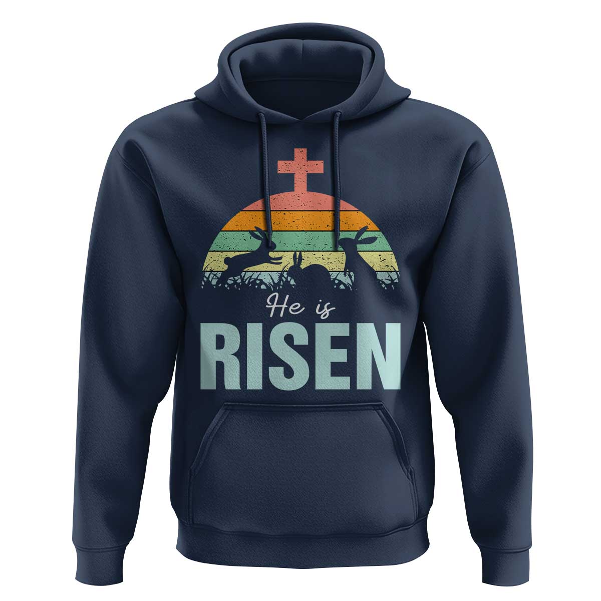 Retro He is Risen Hoodie Bunny Easter Cross Christian Religious Jesus Has Risen - Wonder Print Shop