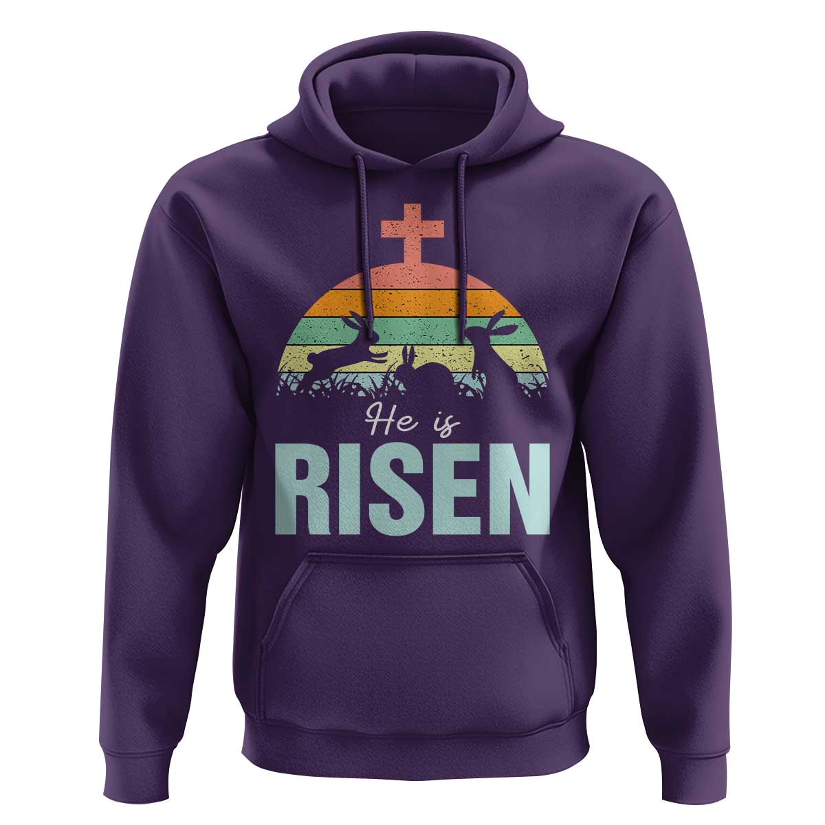 Retro He is Risen Hoodie Bunny Easter Cross Christian Religious Jesus Has Risen - Wonder Print Shop