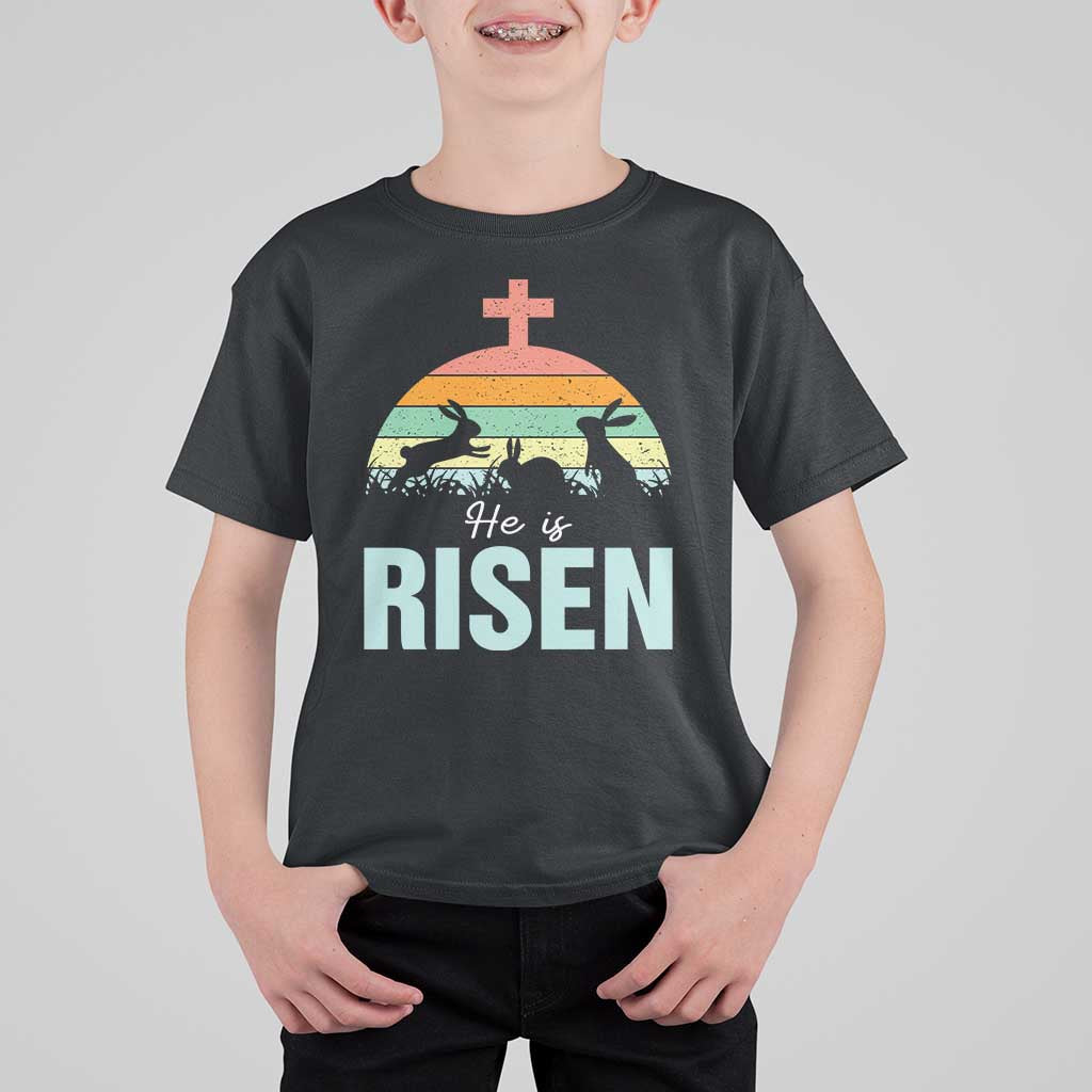 Retro He is Risen T Shirt For Kid Bunny Easter Cross Christian Religious Jesus Has Risen - Wonder Print Shop