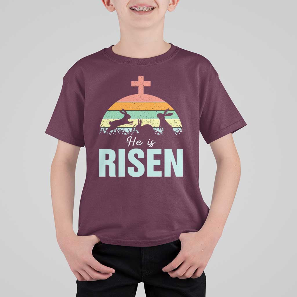 Retro He is Risen T Shirt For Kid Bunny Easter Cross Christian Religious Jesus Has Risen - Wonder Print Shop