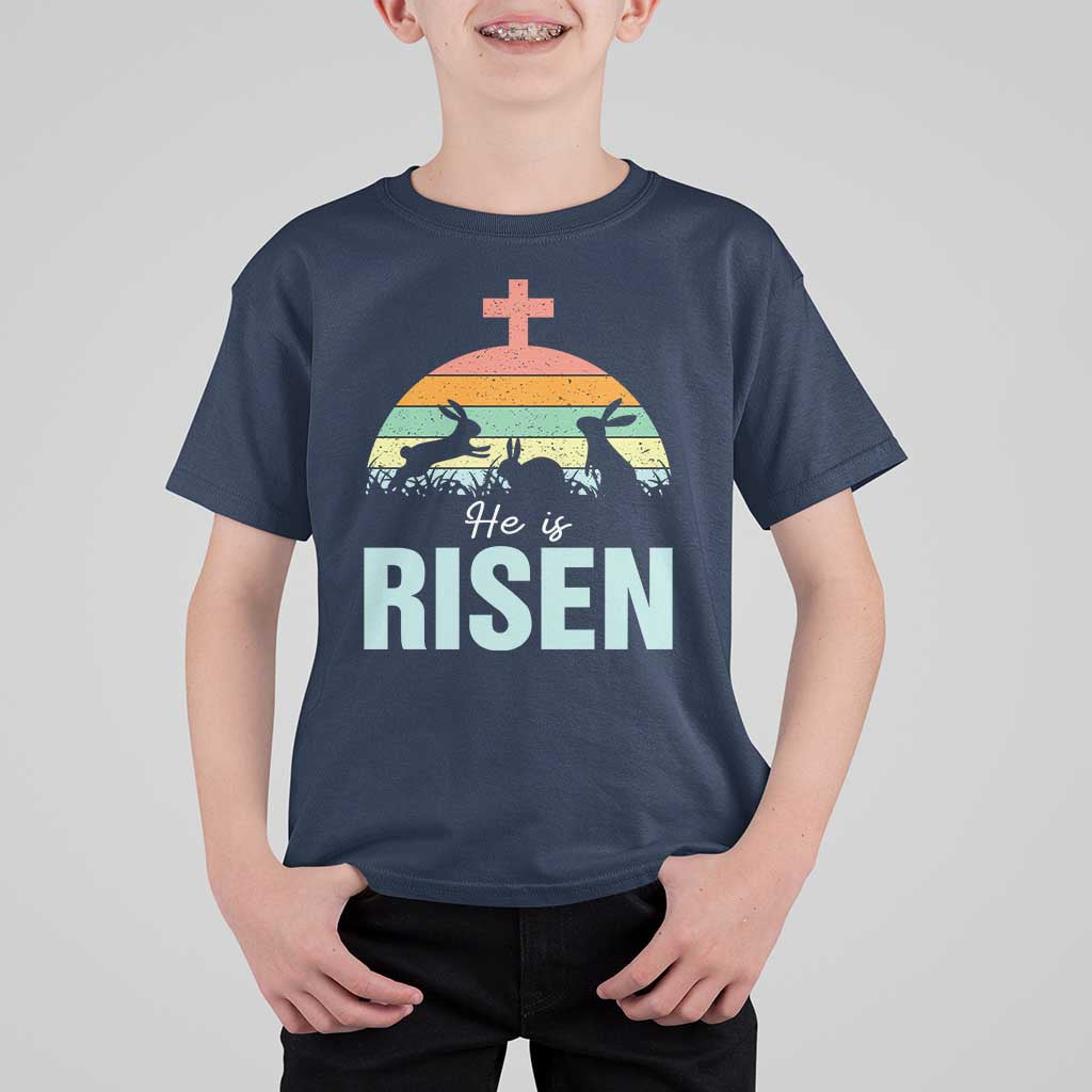 Retro He is Risen T Shirt For Kid Bunny Easter Cross Christian Religious Jesus Has Risen - Wonder Print Shop