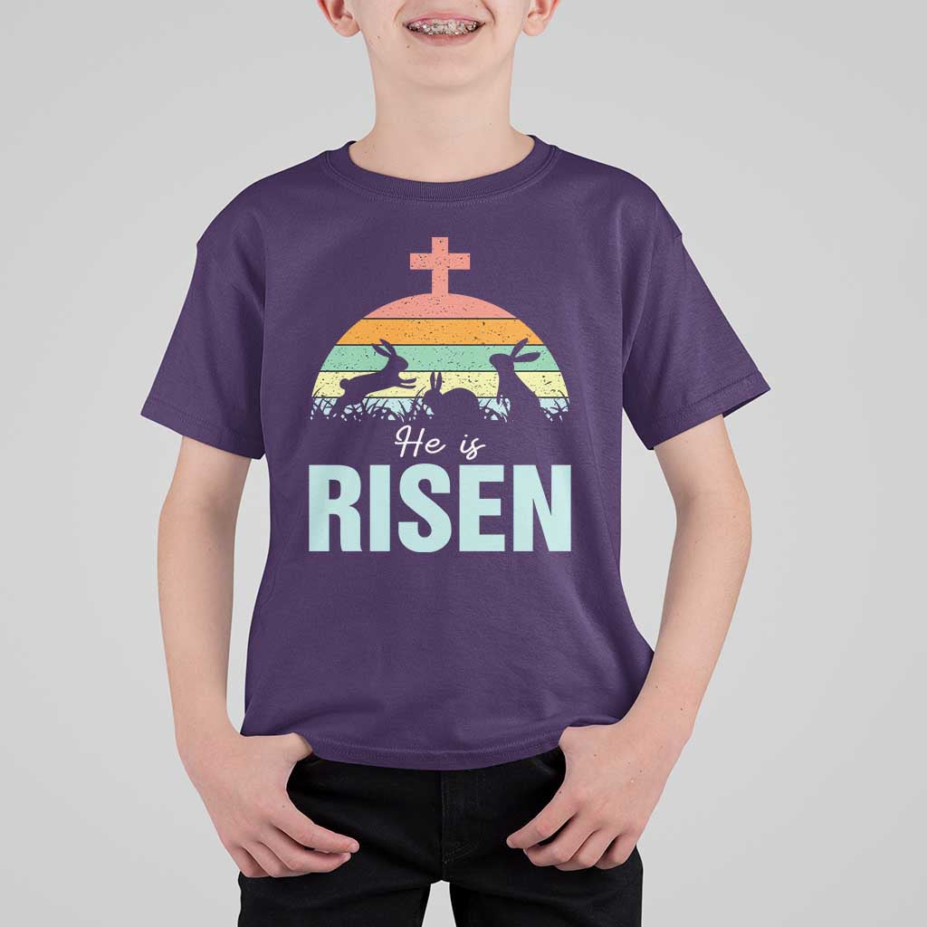 Retro He is Risen T Shirt For Kid Bunny Easter Cross Christian Religious Jesus Has Risen - Wonder Print Shop