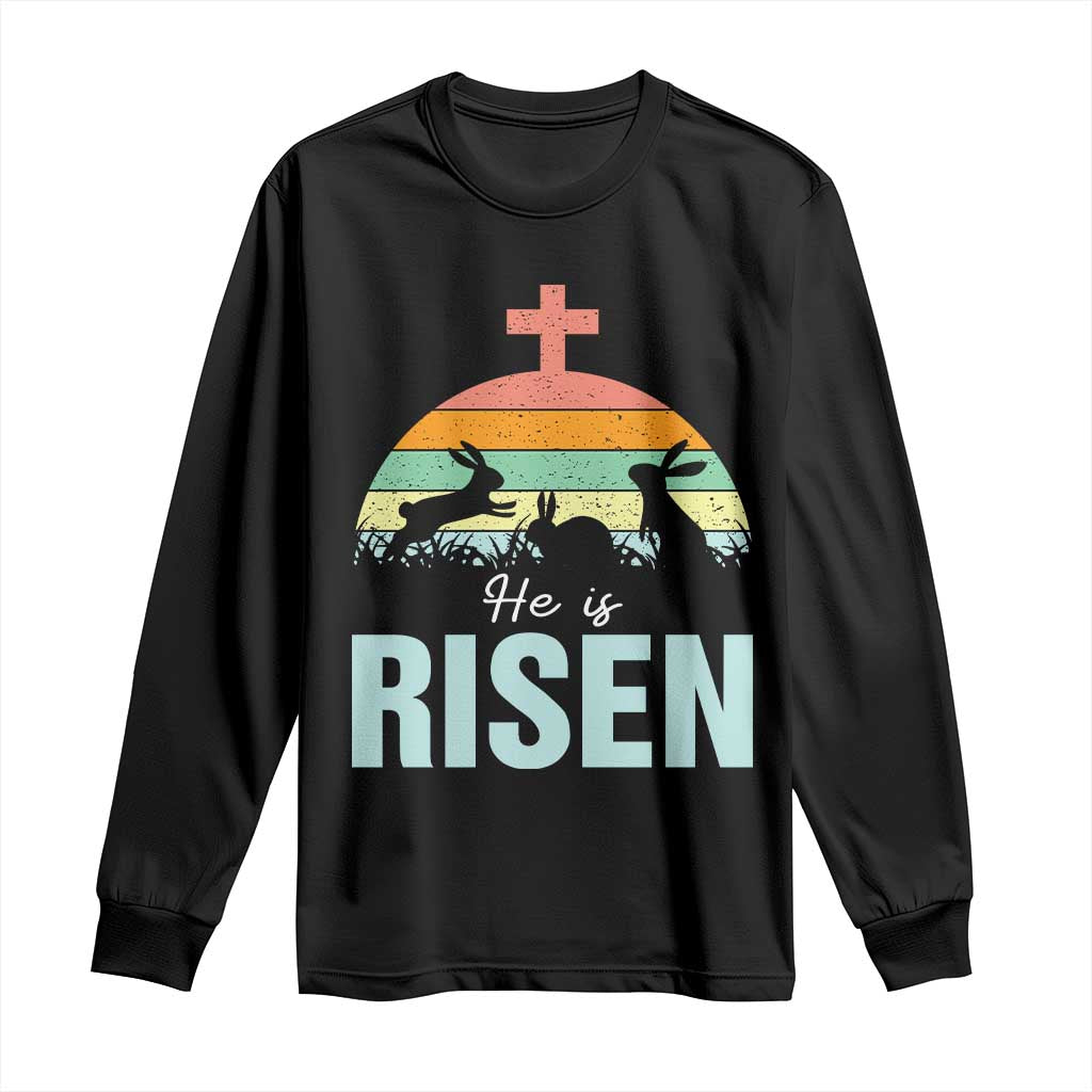 Retro He is Risen Long Sleeve Shirt Bunny Easter Cross Christian Religious Jesus Has Risen - Wonder Print Shop