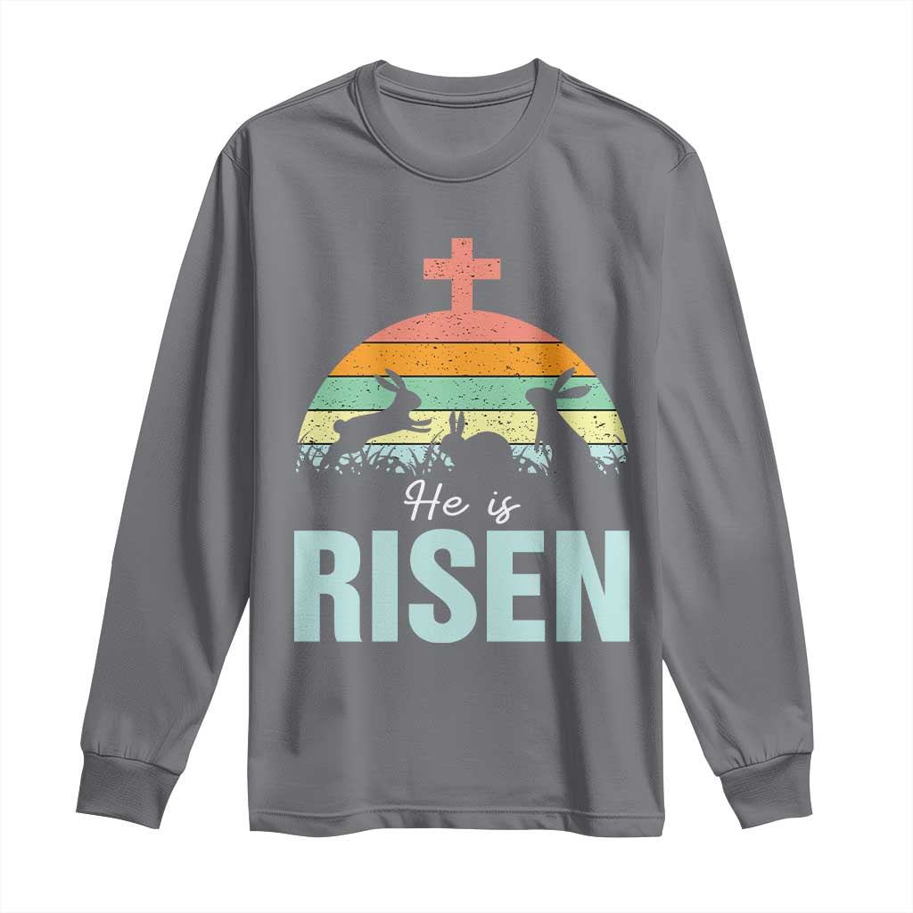 Retro He is Risen Long Sleeve Shirt Bunny Easter Cross Christian Religious Jesus Has Risen - Wonder Print Shop