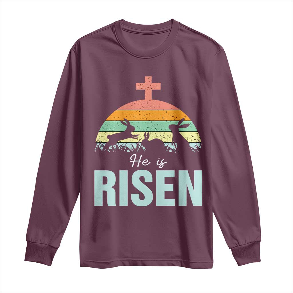 Retro He is Risen Long Sleeve Shirt Bunny Easter Cross Christian Religious Jesus Has Risen - Wonder Print Shop