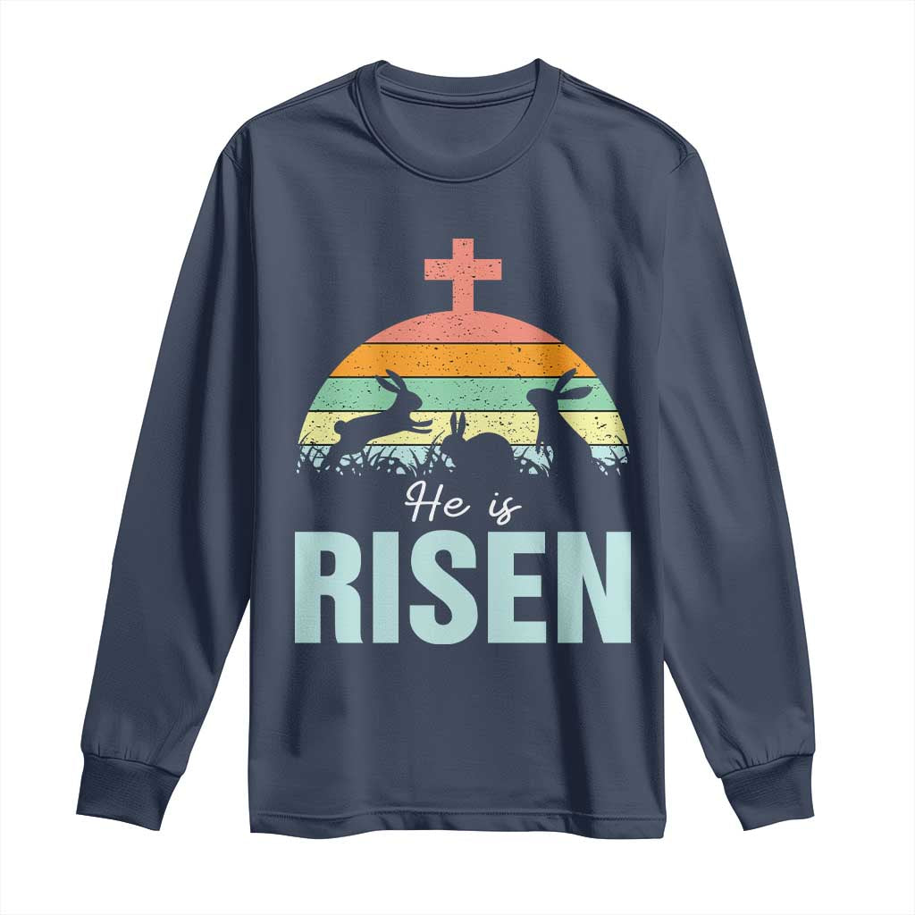 Retro He is Risen Long Sleeve Shirt Bunny Easter Cross Christian Religious Jesus Has Risen - Wonder Print Shop