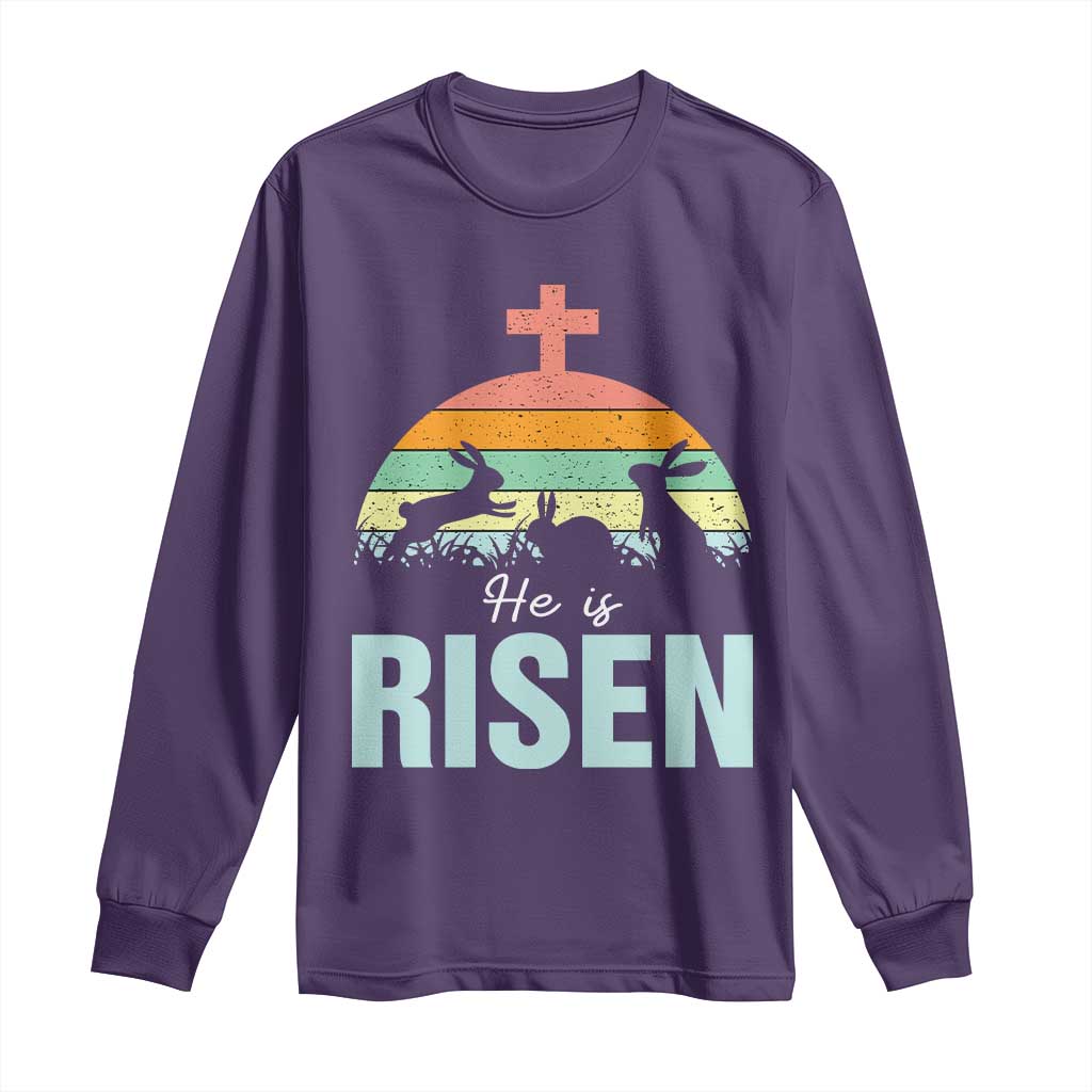 Retro He is Risen Long Sleeve Shirt Bunny Easter Cross Christian Religious Jesus Has Risen - Wonder Print Shop