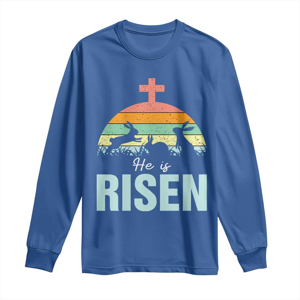 Retro He is Risen Long Sleeve Shirt Bunny Easter Cross Christian Religious Jesus Has Risen - Wonder Print Shop