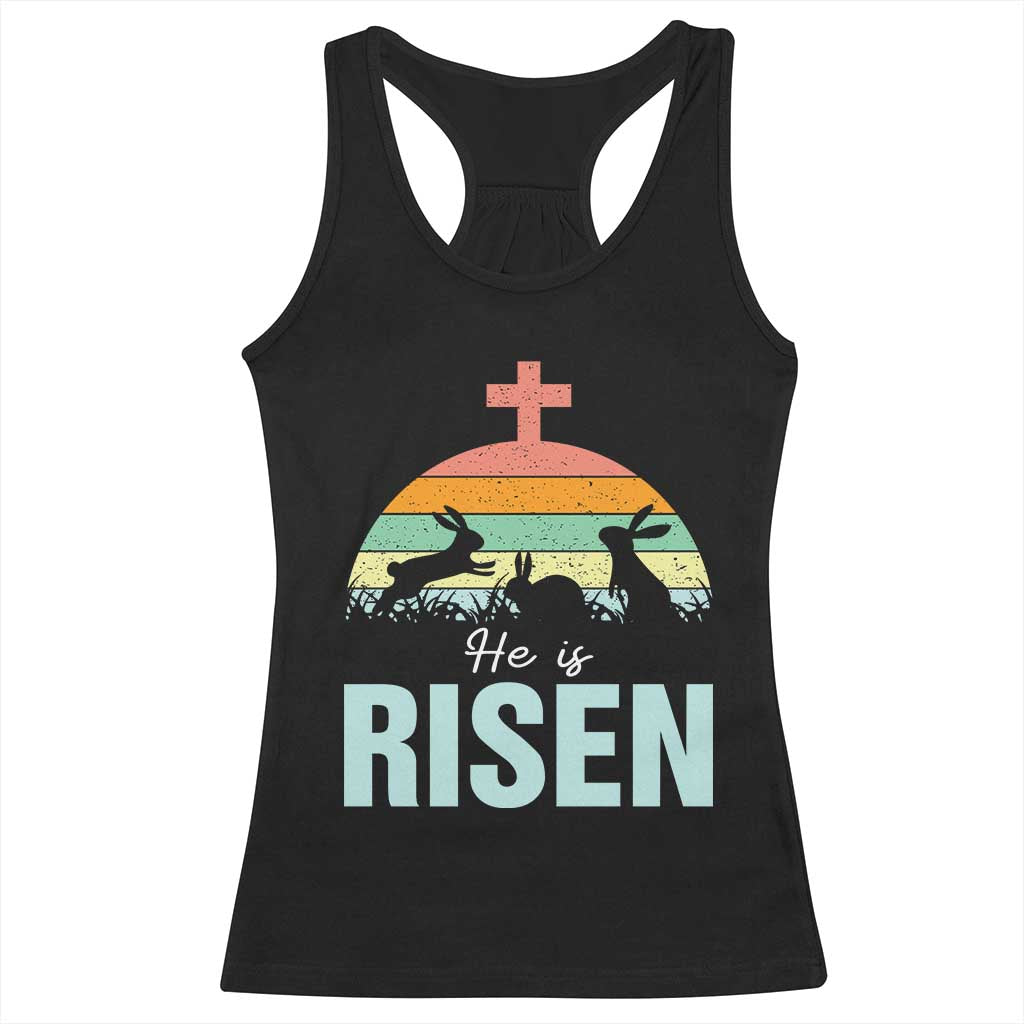 Retro He is Risen Racerback Tank Top Bunny Easter Cross Christian Religious Jesus Has Risen - Wonder Print Shop