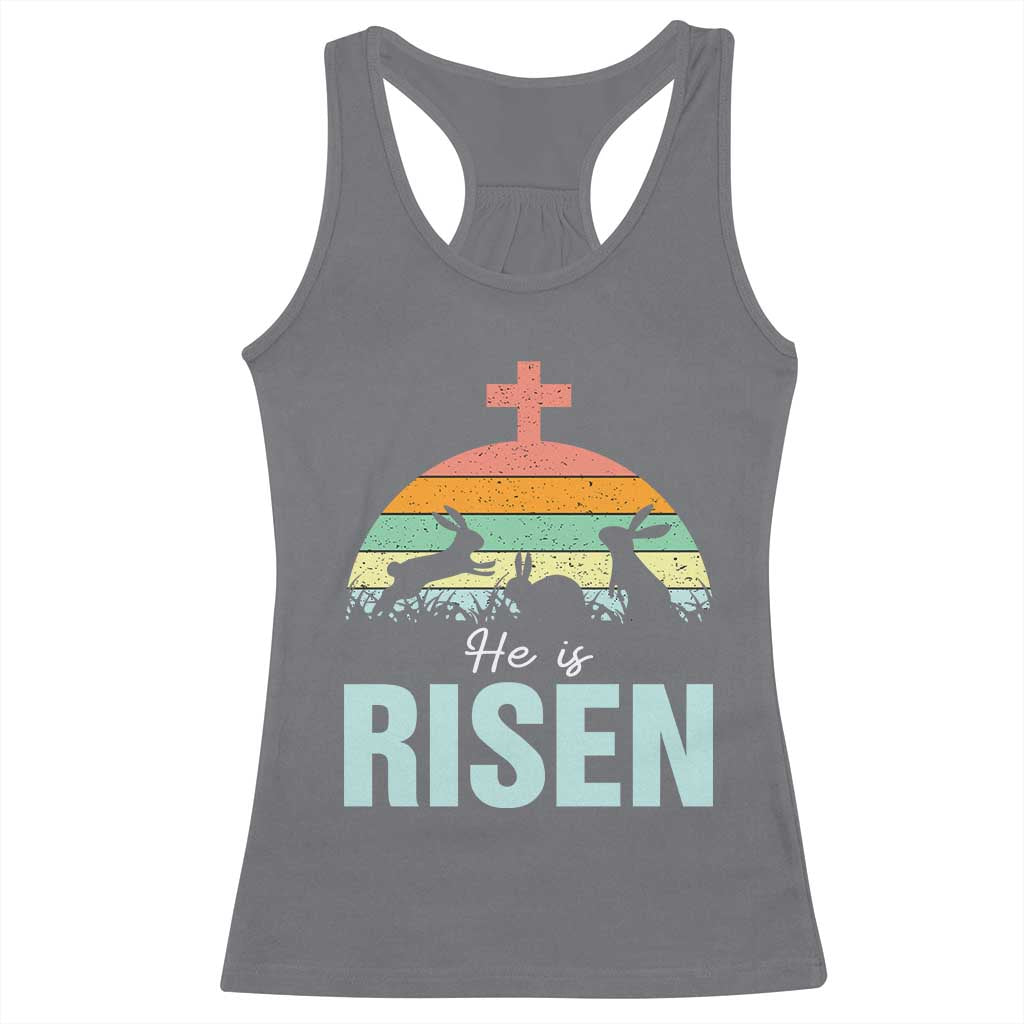Retro He is Risen Racerback Tank Top Bunny Easter Cross Christian Religious Jesus Has Risen - Wonder Print Shop