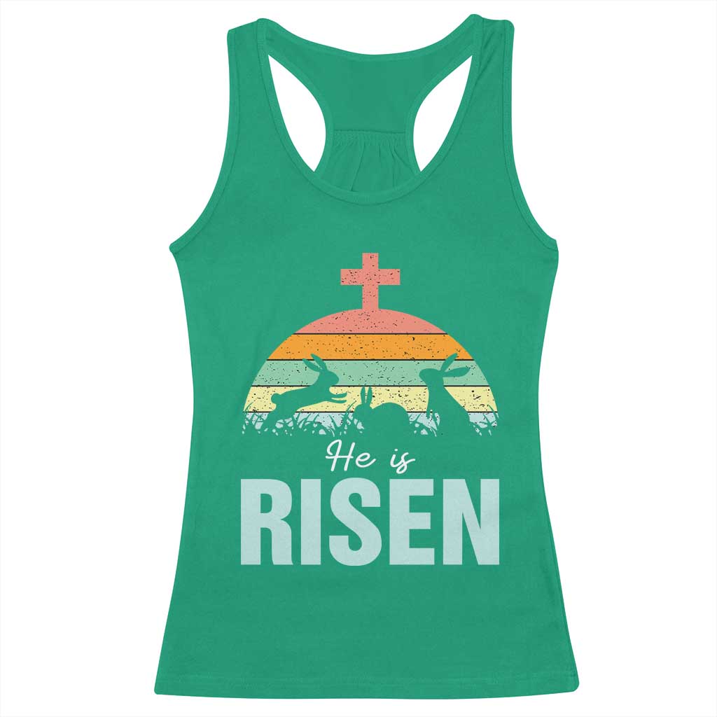 Retro He is Risen Racerback Tank Top Bunny Easter Cross Christian Religious Jesus Has Risen - Wonder Print Shop