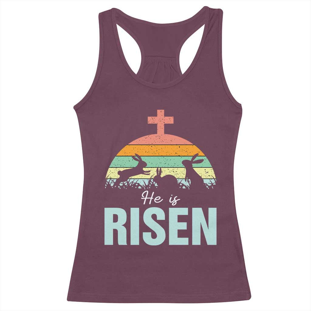 Retro He is Risen Racerback Tank Top Bunny Easter Cross Christian Religious Jesus Has Risen - Wonder Print Shop