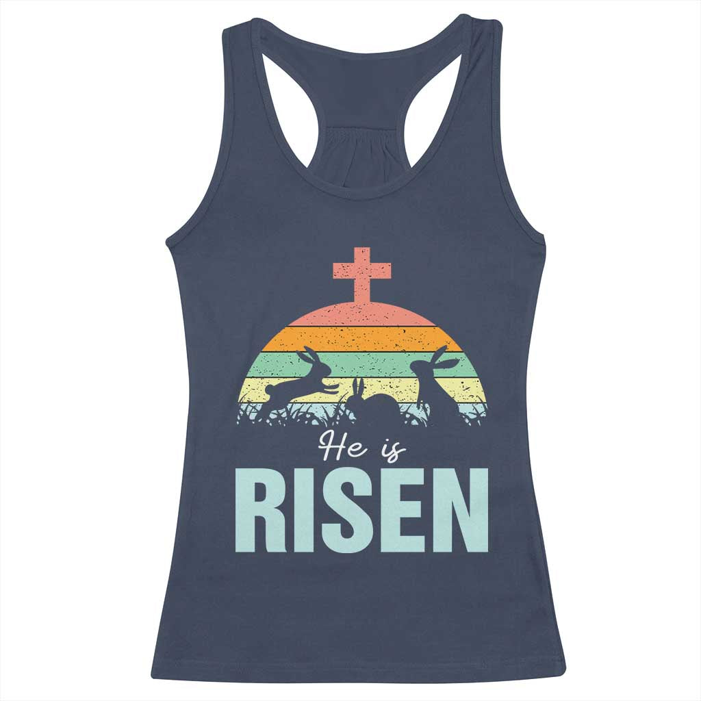 Retro He is Risen Racerback Tank Top Bunny Easter Cross Christian Religious Jesus Has Risen - Wonder Print Shop