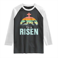 Retro He is Risen Raglan Shirt Bunny Easter Cross Christian Religious Jesus Has Risen - Wonder Print Shop