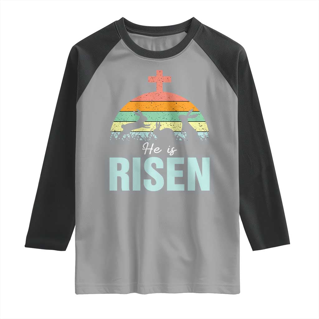 Retro He is Risen Raglan Shirt Bunny Easter Cross Christian Religious Jesus Has Risen - Wonder Print Shop