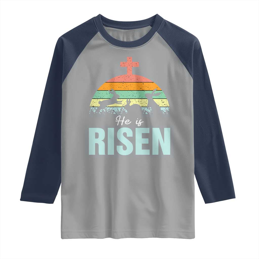 Retro He is Risen Raglan Shirt Bunny Easter Cross Christian Religious Jesus Has Risen - Wonder Print Shop