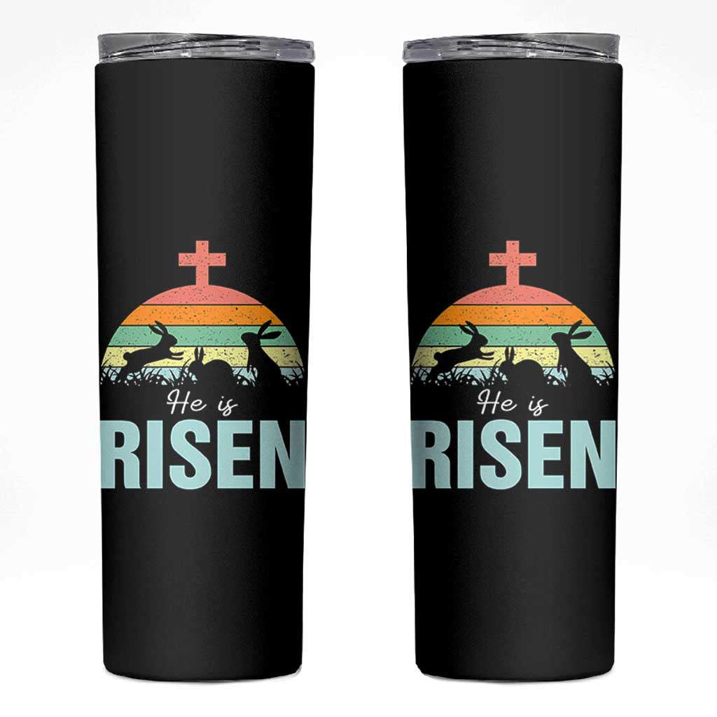 Retro He is Risen Skinny Tumbler Bunny Easter Cross Christian Religious Jesus Has Risen - Wonder Print Shop