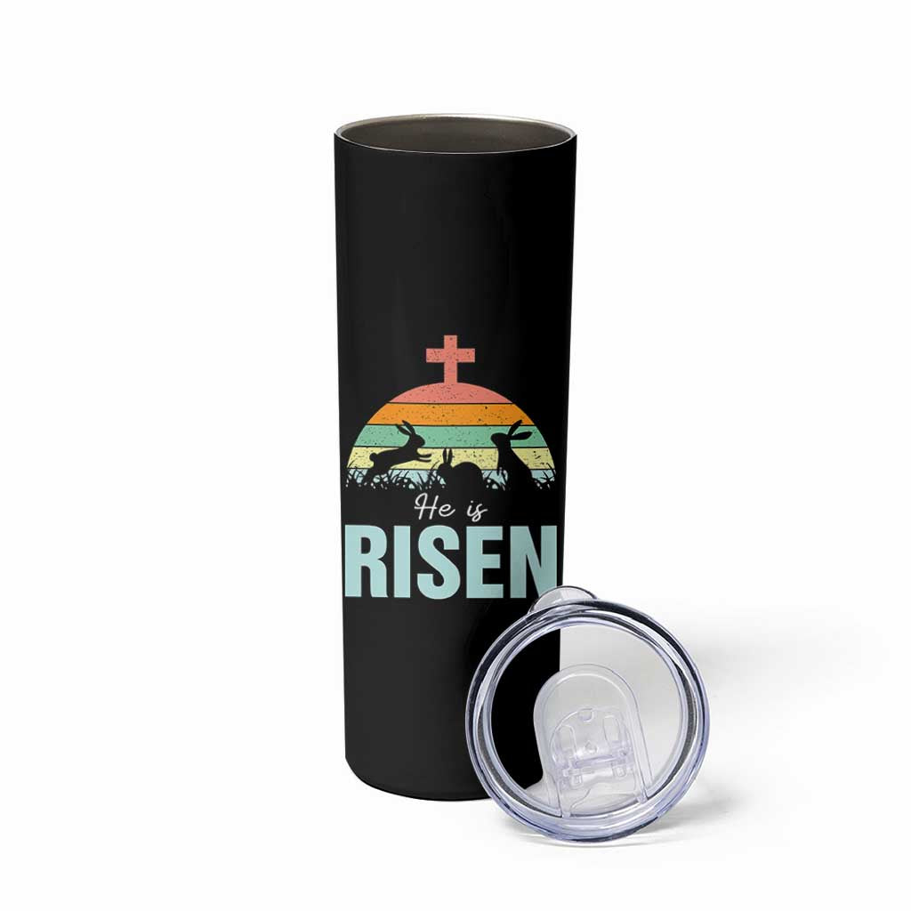 Retro He is Risen Skinny Tumbler Bunny Easter Cross Christian Religious Jesus Has Risen - Wonder Print Shop