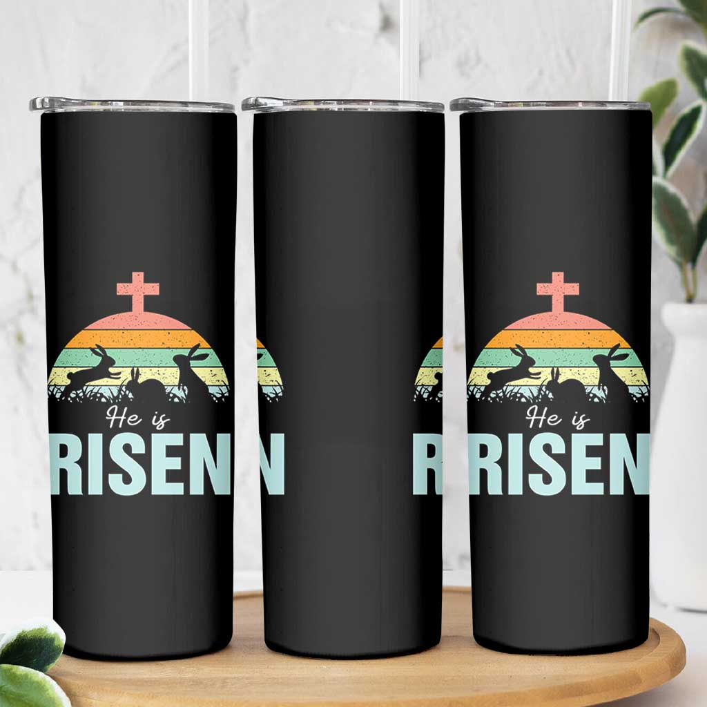 Retro He is Risen Skinny Tumbler Bunny Easter Cross Christian Religious Jesus Has Risen - Wonder Print Shop