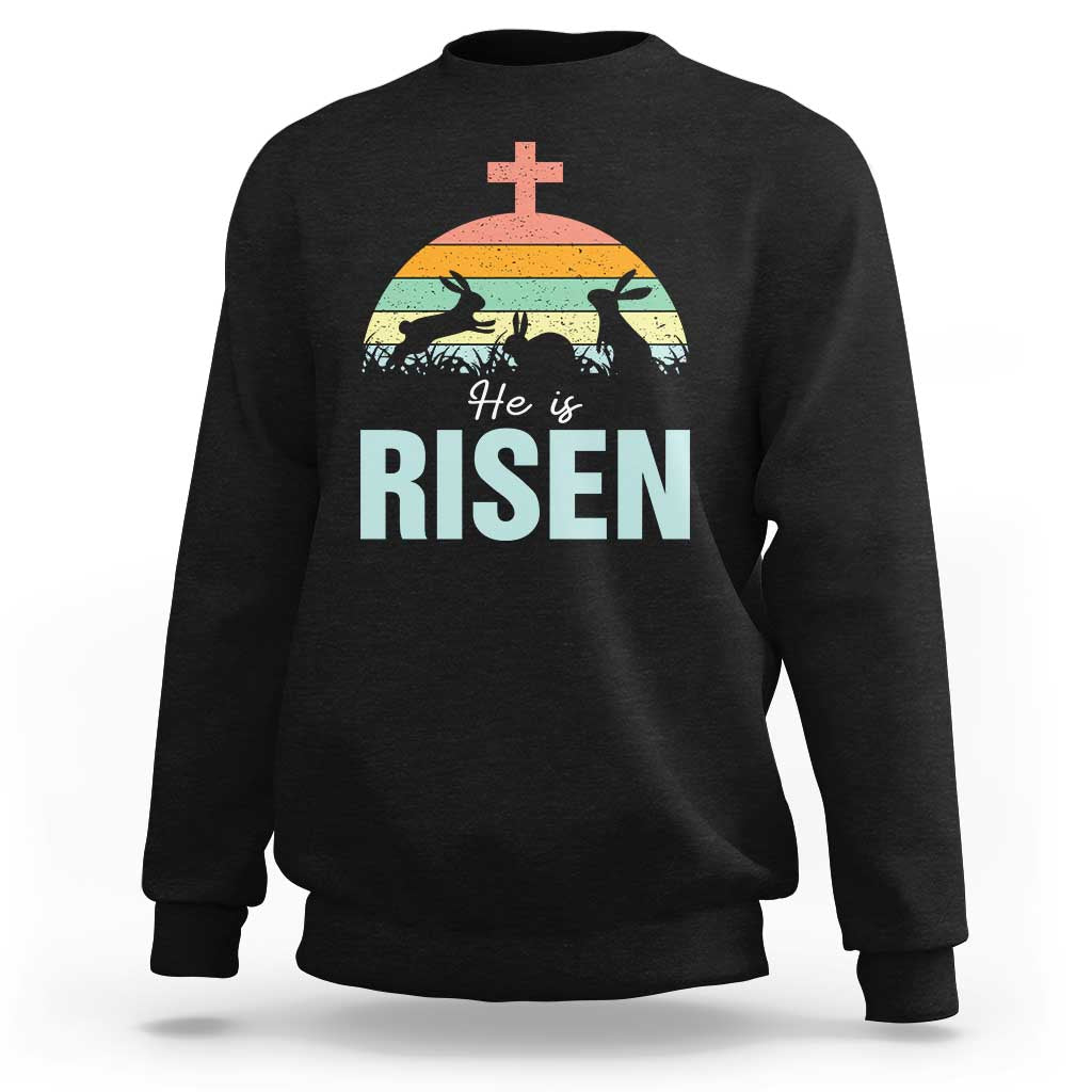 Retro He is Risen Sweatshirt Bunny Easter Cross Christian Religious Jesus Has Risen - Wonder Print Shop