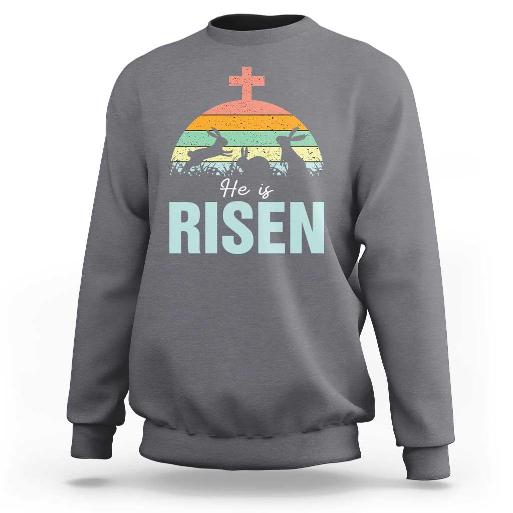 Retro He is Risen Sweatshirt Bunny Easter Cross Christian Religious Jesus Has Risen - Wonder Print Shop