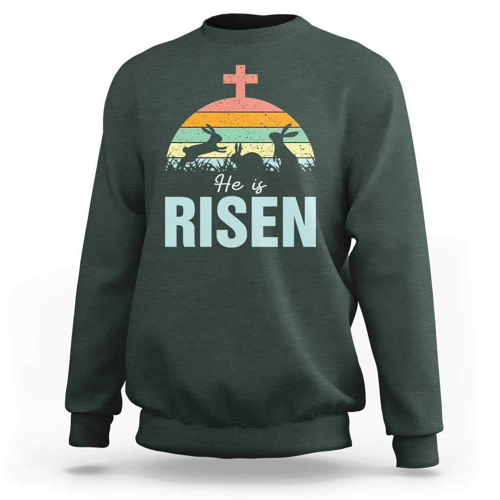 Retro He is Risen Sweatshirt Bunny Easter Cross Christian Religious Jesus Has Risen - Wonder Print Shop