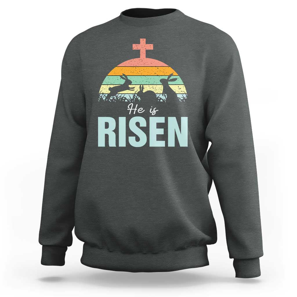 Retro He is Risen Sweatshirt Bunny Easter Cross Christian Religious Jesus Has Risen - Wonder Print Shop