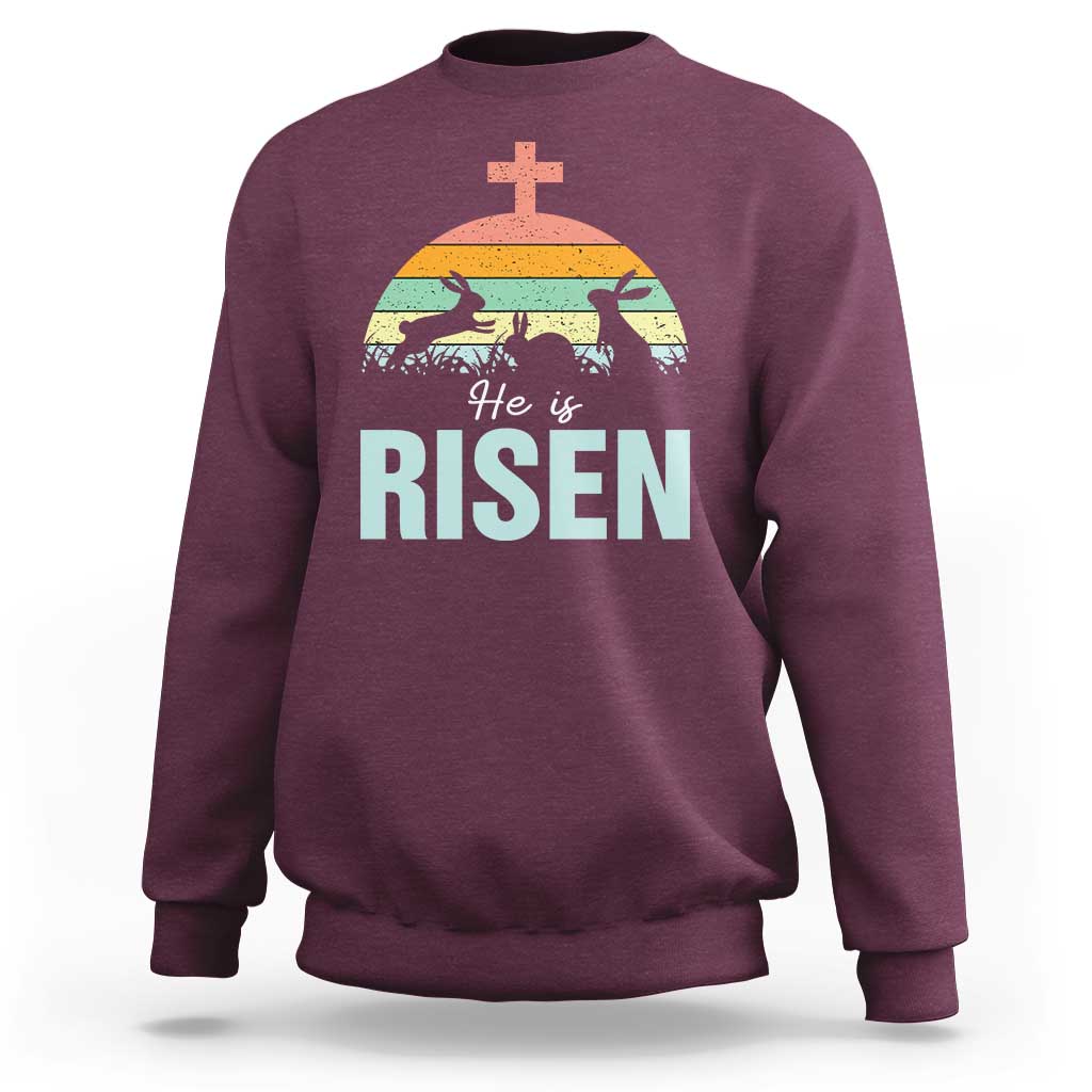 Retro He is Risen Sweatshirt Bunny Easter Cross Christian Religious Jesus Has Risen - Wonder Print Shop