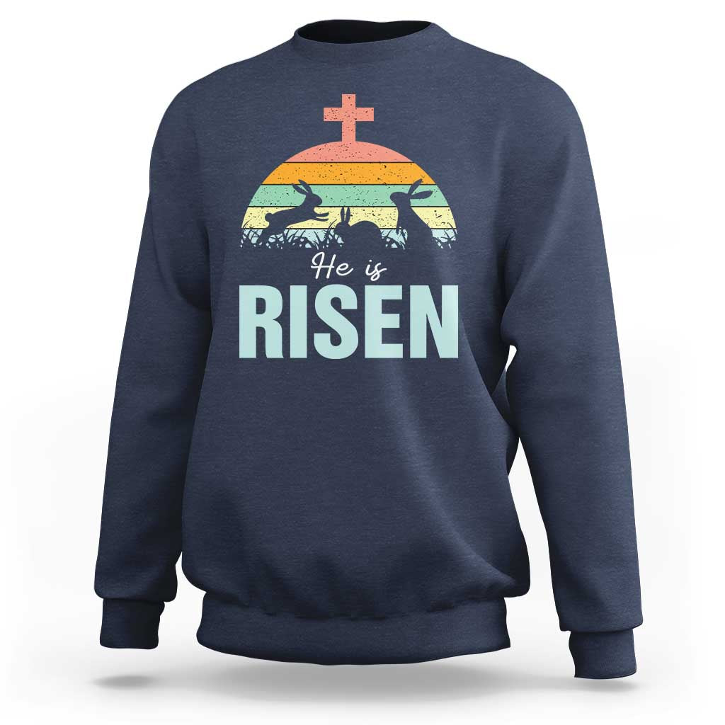 Retro He is Risen Sweatshirt Bunny Easter Cross Christian Religious Jesus Has Risen - Wonder Print Shop
