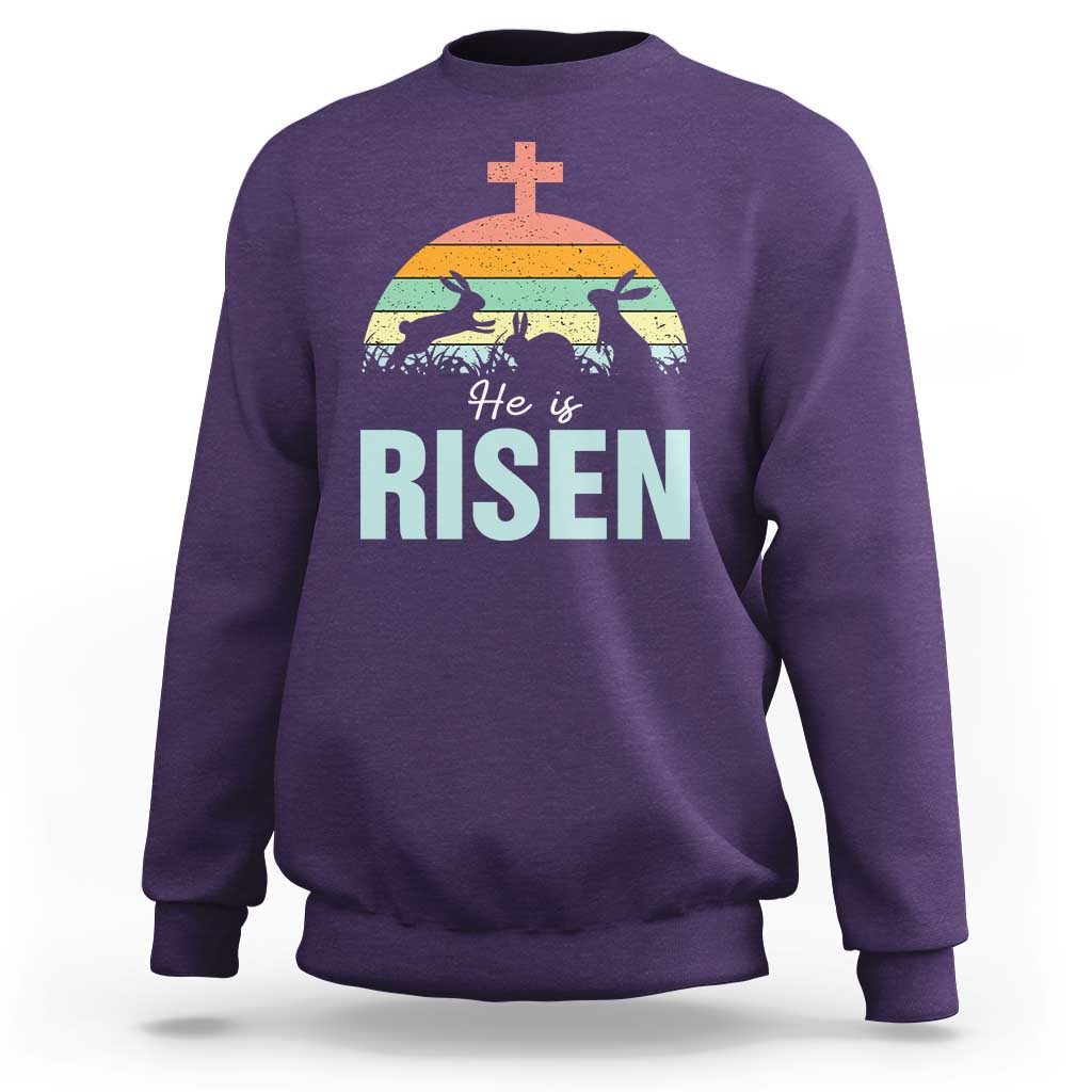Retro He is Risen Sweatshirt Bunny Easter Cross Christian Religious Jesus Has Risen - Wonder Print Shop