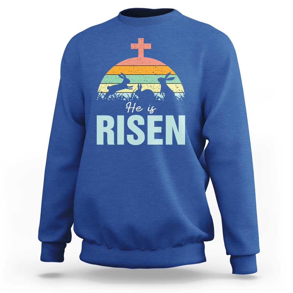 Retro He is Risen Sweatshirt Bunny Easter Cross Christian Religious Jesus Has Risen - Wonder Print Shop