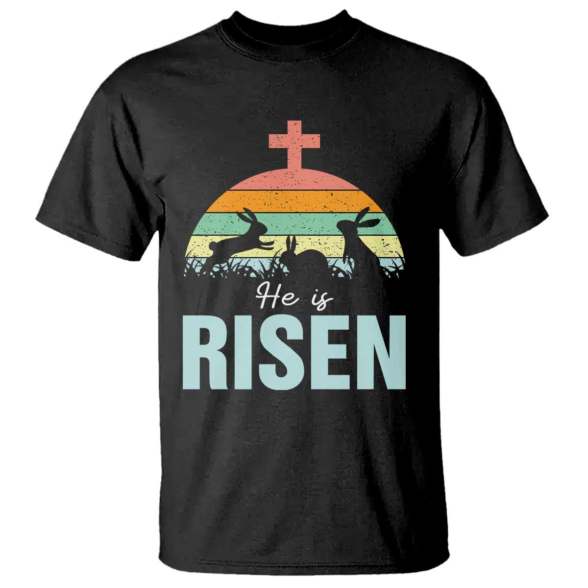 Retro He is Risen T Shirt Bunny Easter Cross Christian Religious Jesus Has Risen - Wonder Print Shop