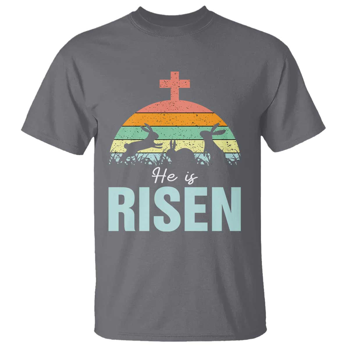 Retro He is Risen T Shirt Bunny Easter Cross Christian Religious Jesus Has Risen - Wonder Print Shop