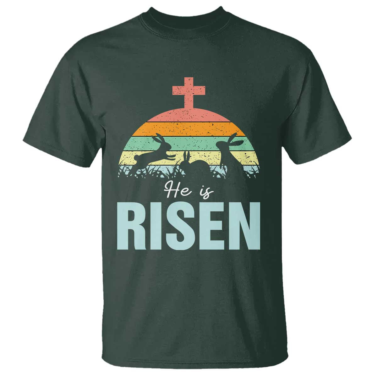 Retro He is Risen T Shirt Bunny Easter Cross Christian Religious Jesus Has Risen - Wonder Print Shop