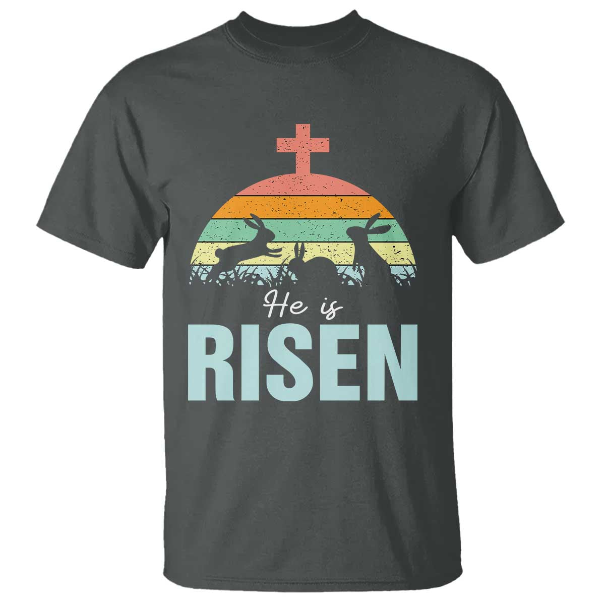 Retro He is Risen T Shirt Bunny Easter Cross Christian Religious Jesus Has Risen - Wonder Print Shop