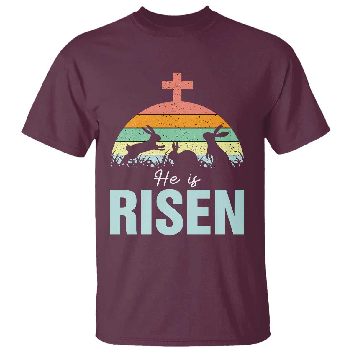 Retro He is Risen T Shirt Bunny Easter Cross Christian Religious Jesus Has Risen - Wonder Print Shop