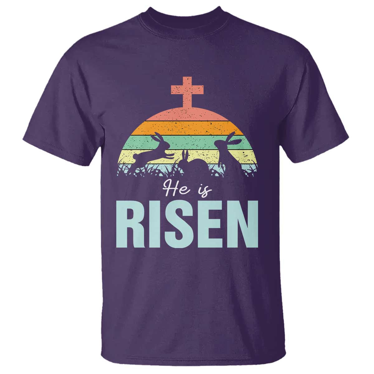 Retro He is Risen T Shirt Bunny Easter Cross Christian Religious Jesus Has Risen - Wonder Print Shop