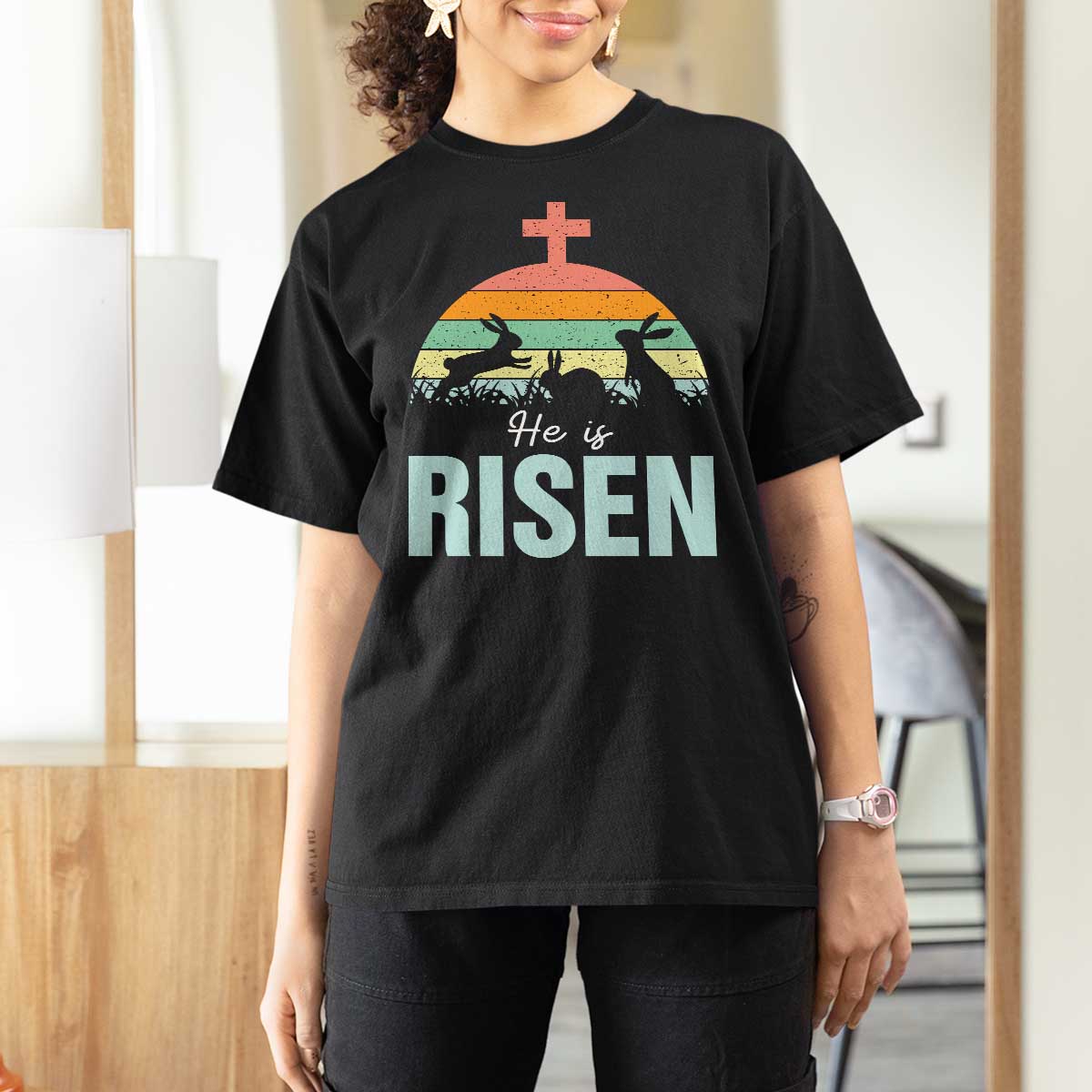 Retro He is Risen T Shirt For Women Bunny Easter Cross Christian Religious Jesus Has Risen - Wonder Print Shop