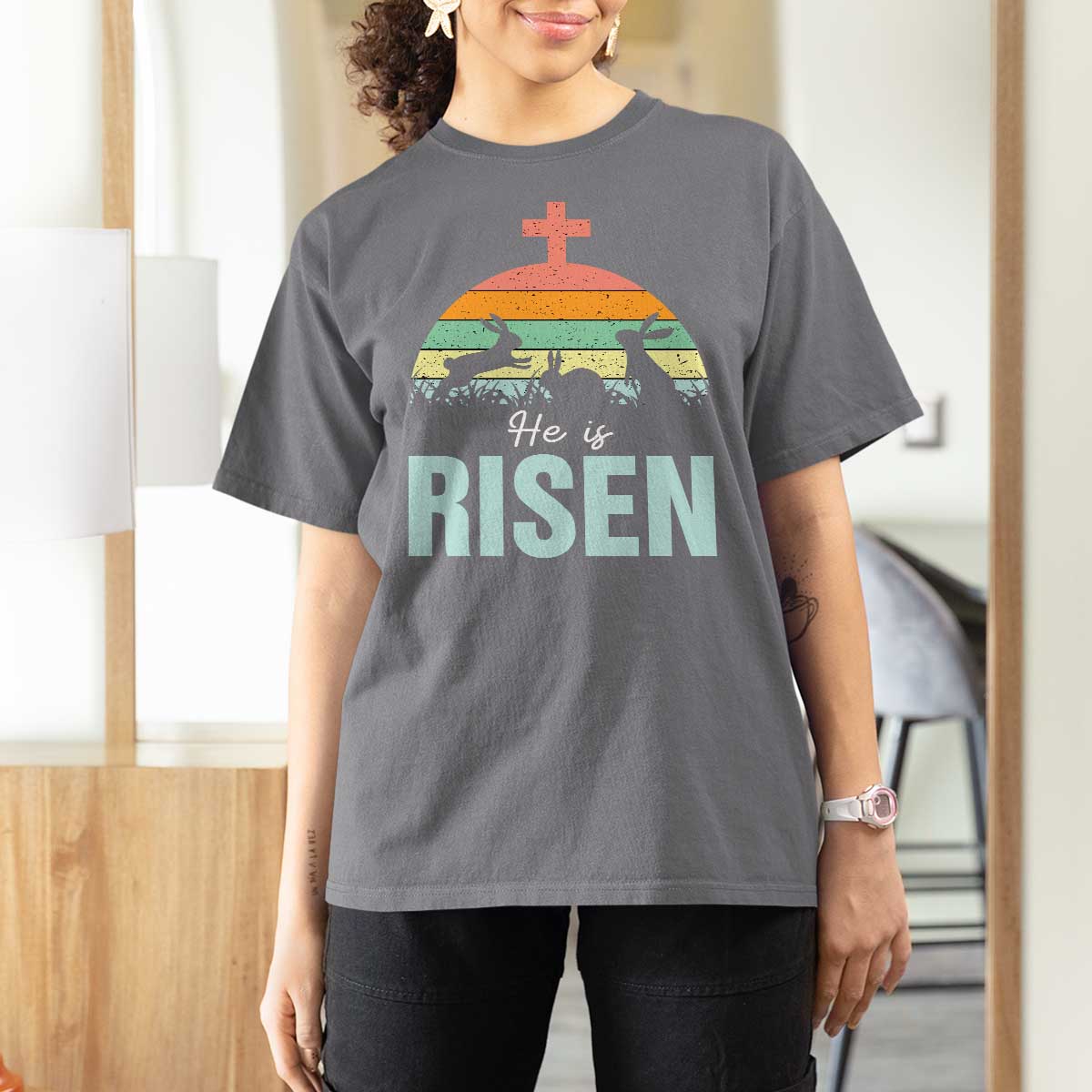 Retro He is Risen T Shirt For Women Bunny Easter Cross Christian Religious Jesus Has Risen - Wonder Print Shop