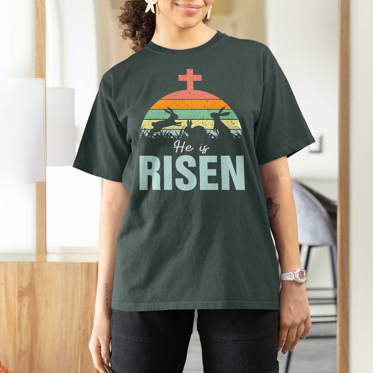 Retro He is Risen T Shirt For Women Bunny Easter Cross Christian Religious Jesus Has Risen - Wonder Print Shop