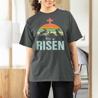 Retro He is Risen T Shirt For Women Bunny Easter Cross Christian Religious Jesus Has Risen - Wonder Print Shop