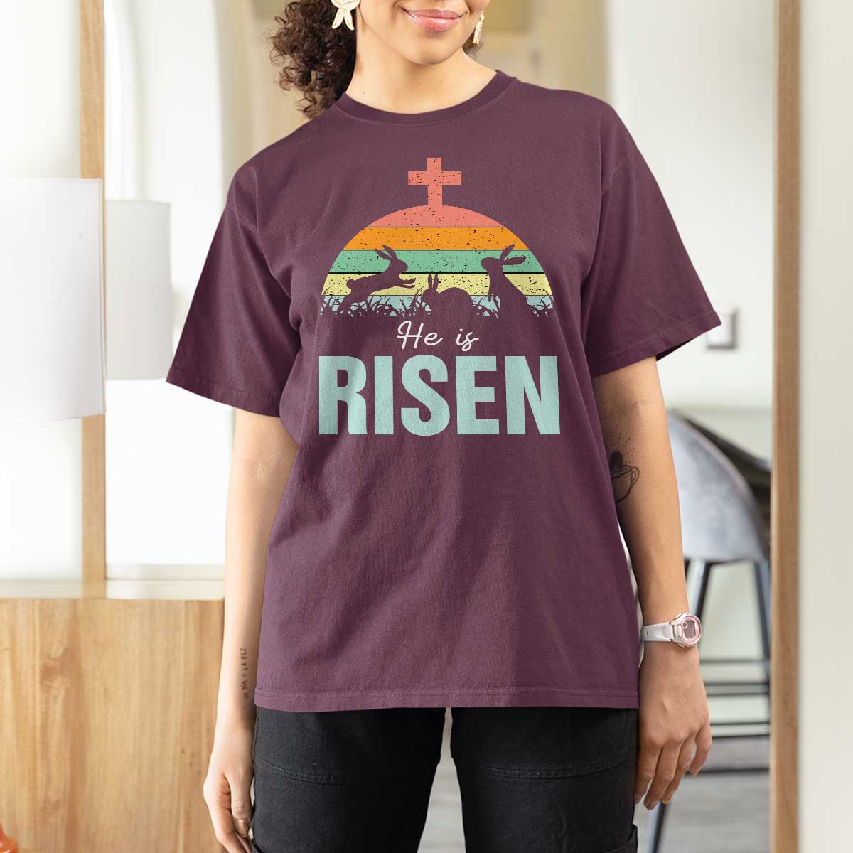 Retro He is Risen T Shirt For Women Bunny Easter Cross Christian Religious Jesus Has Risen - Wonder Print Shop