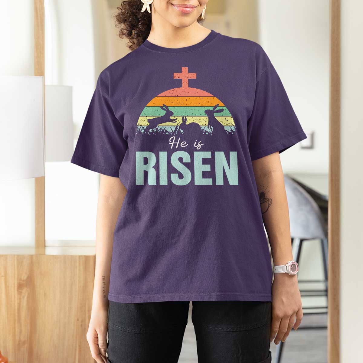 Retro He is Risen T Shirt For Women Bunny Easter Cross Christian Religious Jesus Has Risen - Wonder Print Shop