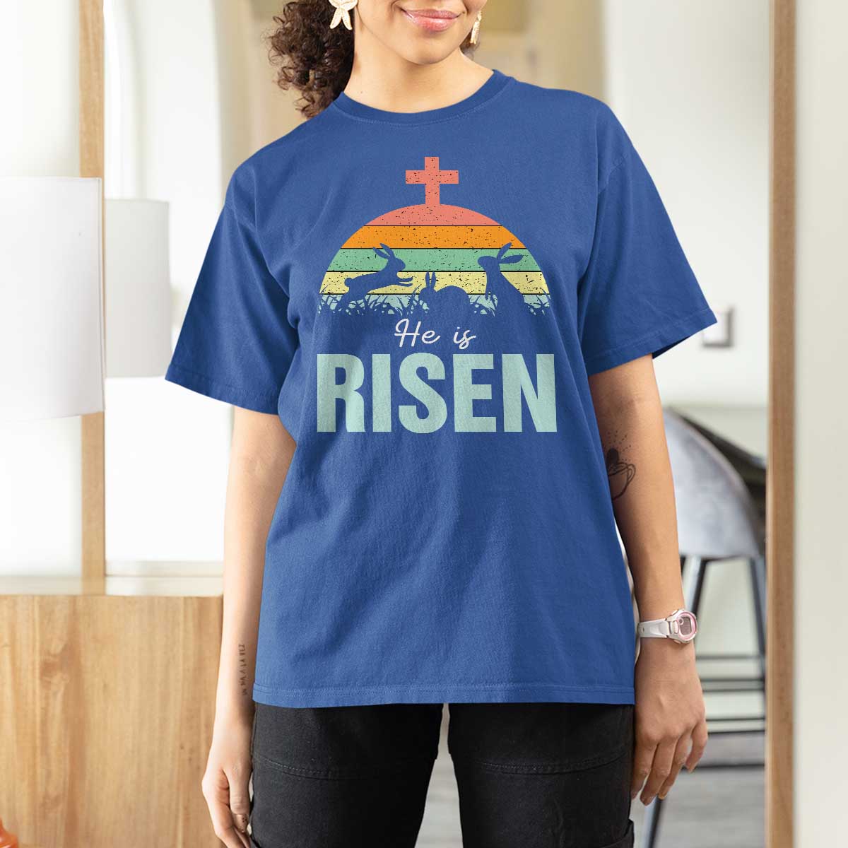 Retro He is Risen T Shirt For Women Bunny Easter Cross Christian Religious Jesus Has Risen - Wonder Print Shop