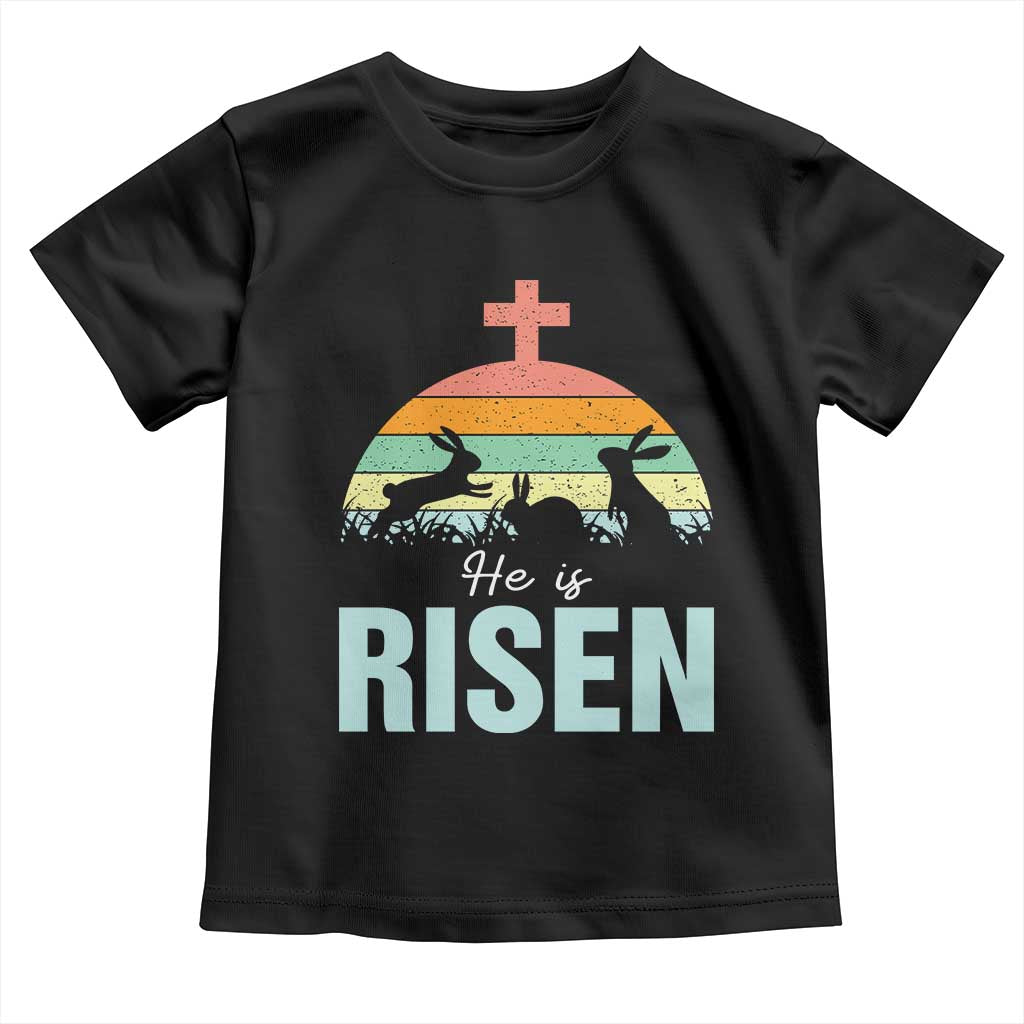Retro He is Risen Toddler T Shirt Bunny Easter Cross Christian Religious Jesus Has Risen - Wonder Print Shop