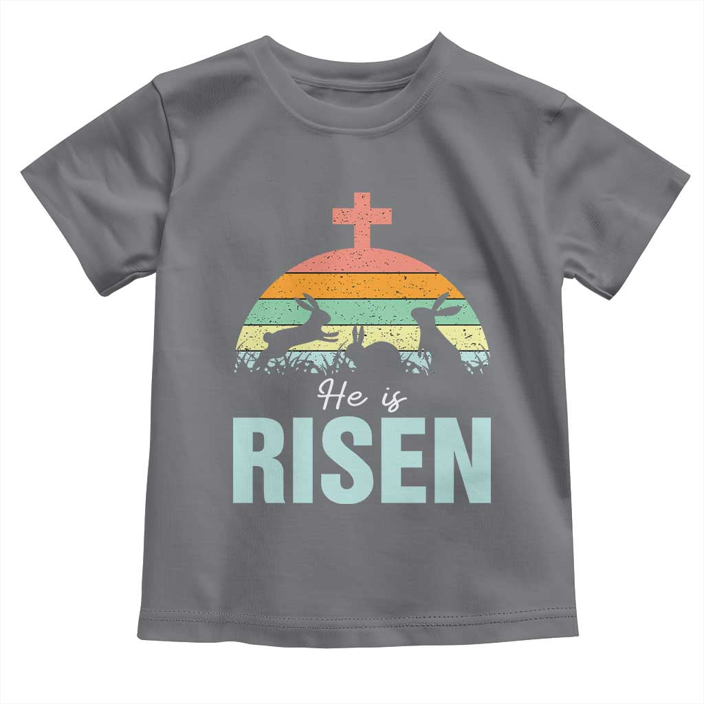 Retro He is Risen Toddler T Shirt Bunny Easter Cross Christian Religious Jesus Has Risen - Wonder Print Shop
