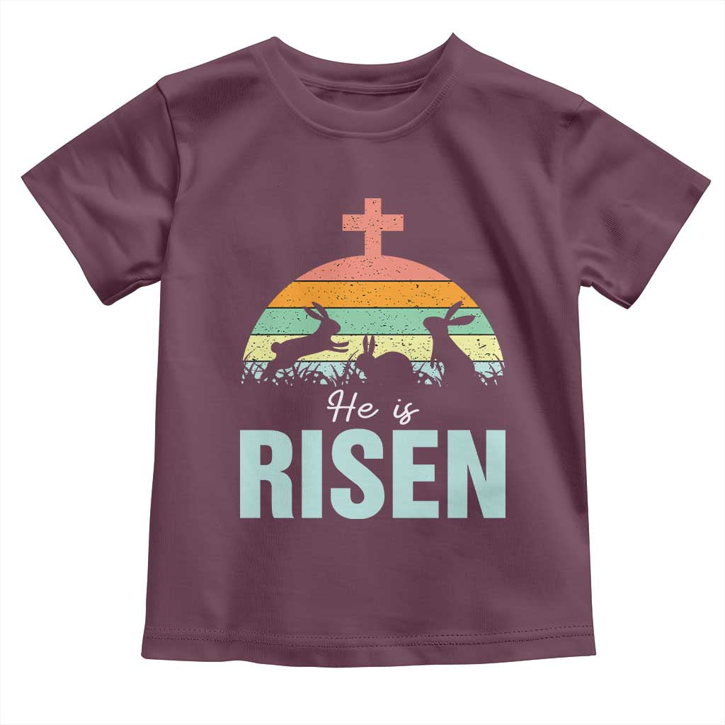 Retro He is Risen Toddler T Shirt Bunny Easter Cross Christian Religious Jesus Has Risen - Wonder Print Shop