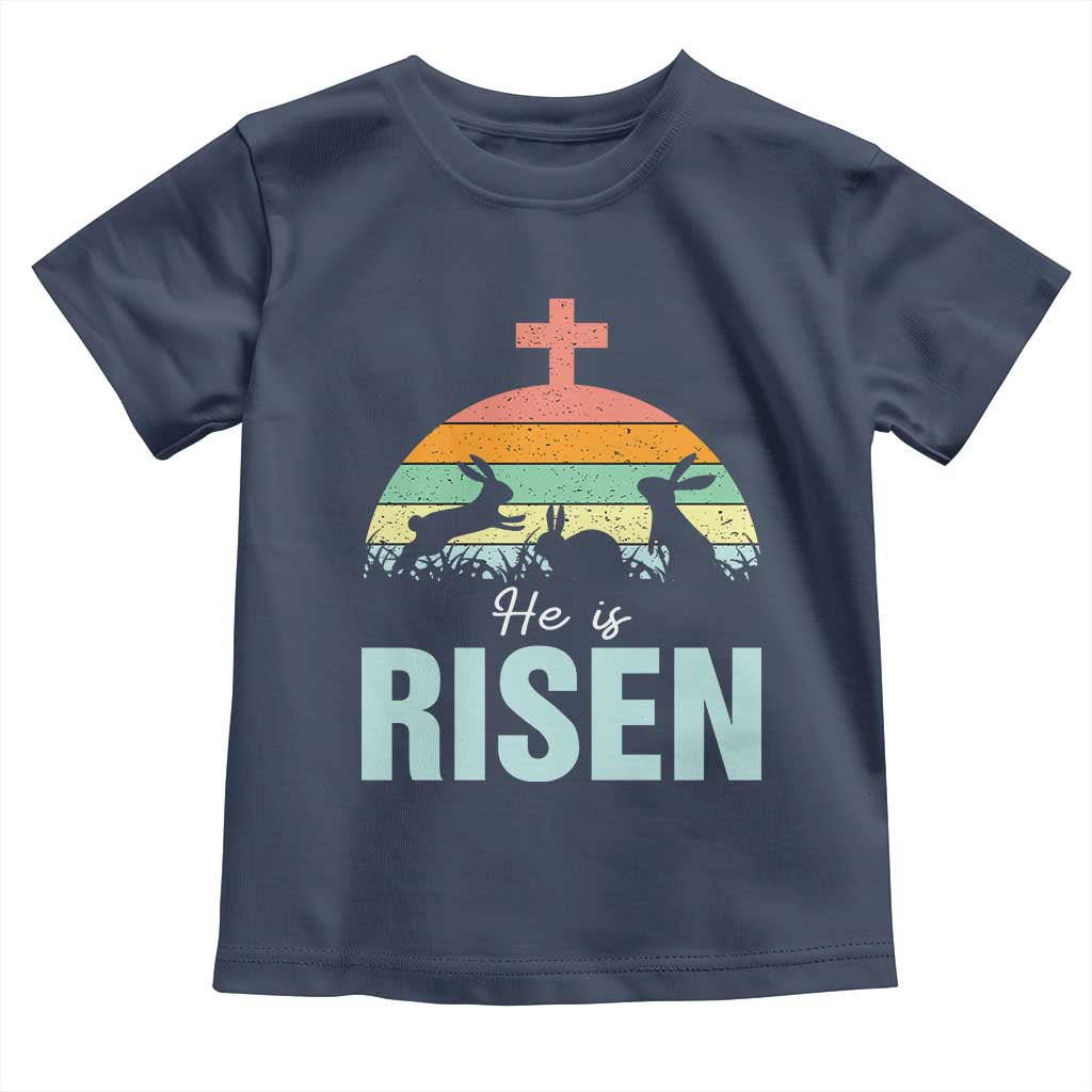 Retro He is Risen Toddler T Shirt Bunny Easter Cross Christian Religious Jesus Has Risen - Wonder Print Shop